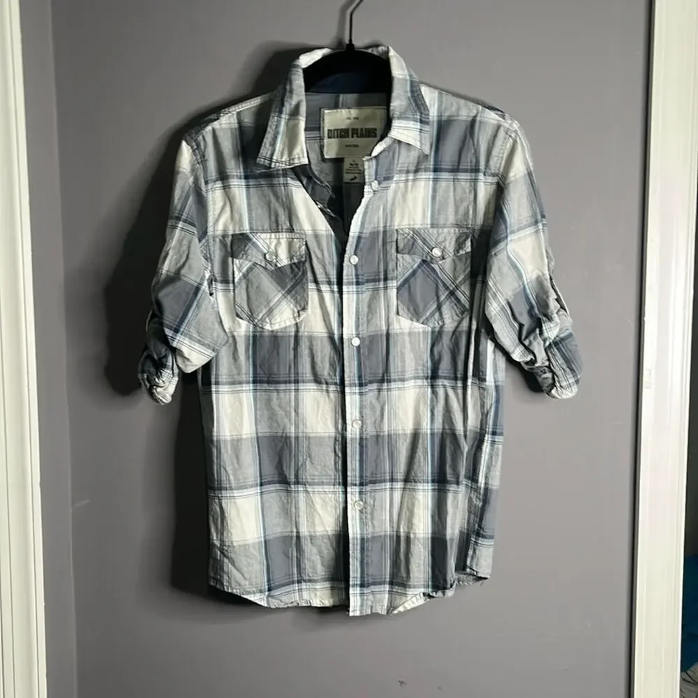 Boys Ditch Plains Blue and Gray Plaid Snap Front Shirt Size Large